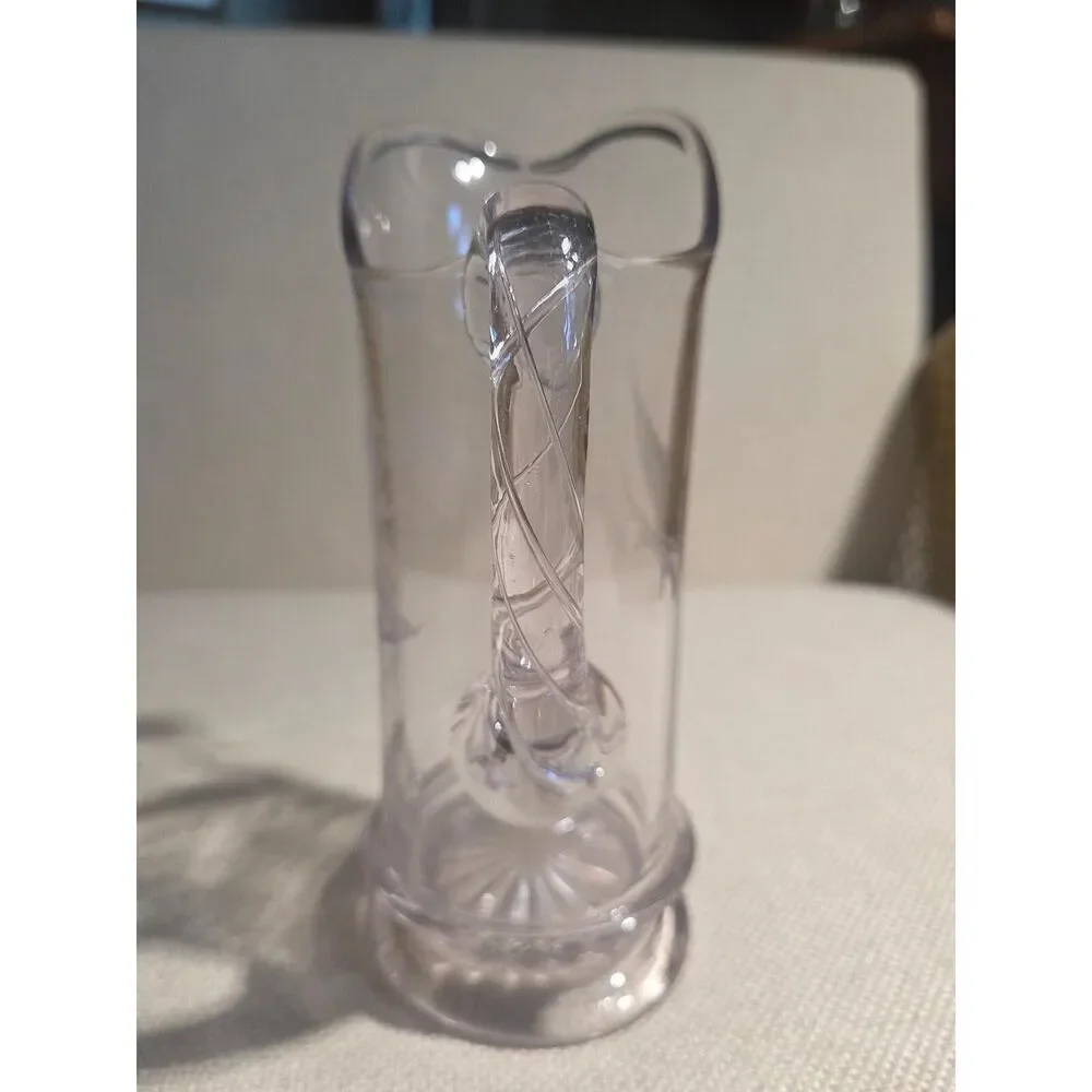 Vintage Etched Glass Pitcher Zipper Notched Handle Fern Leaf Design Starburst
